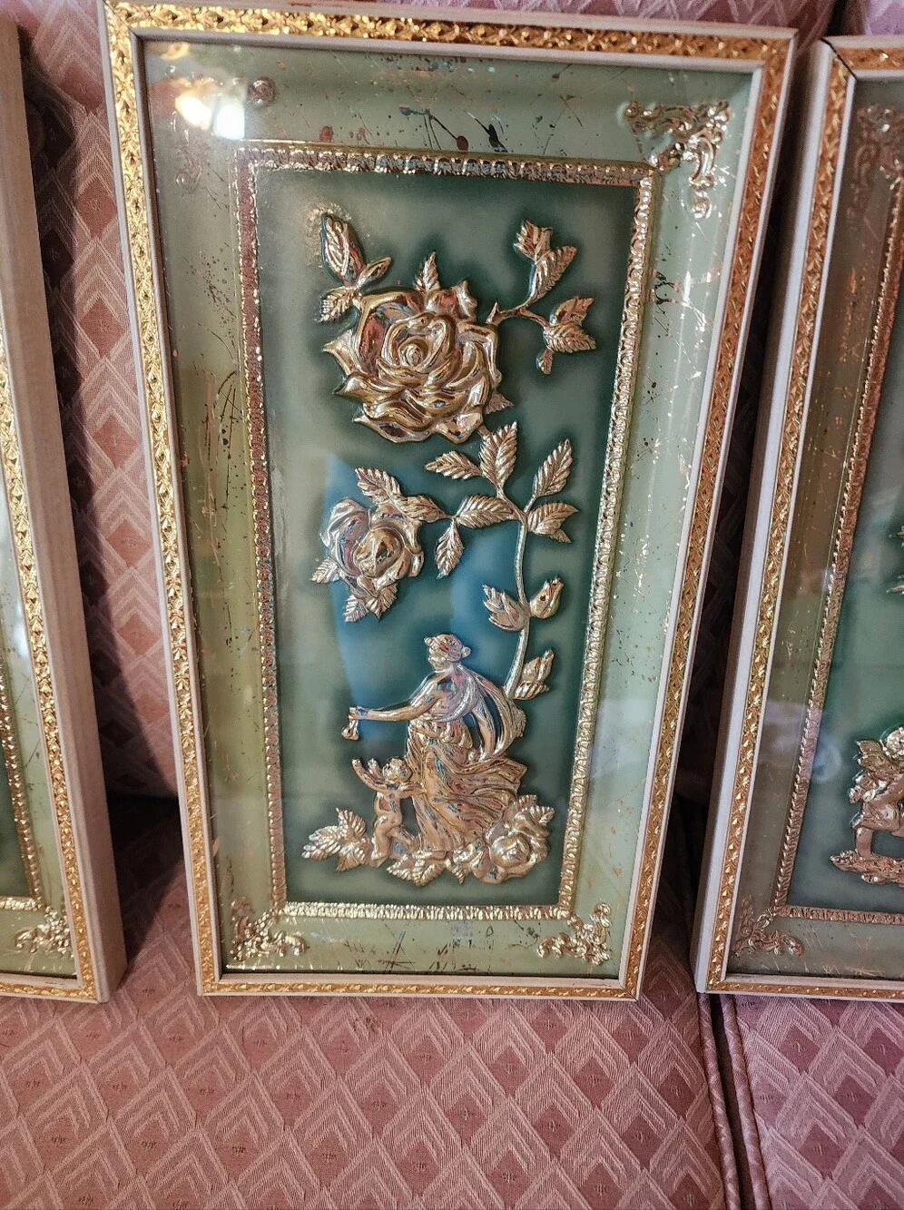 Vintage MCM Metalcraft Four Seasons Wall Art Plaques Set of 4 Green Gold